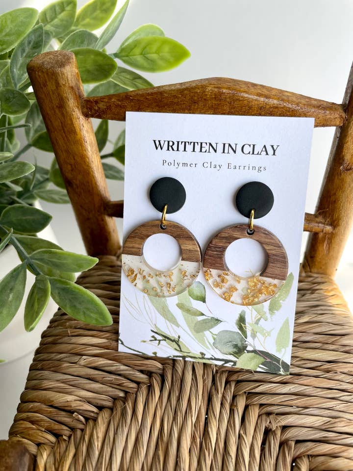 Clay, Resin + Wood Hoop Dangles for wholesale by Written In Clay