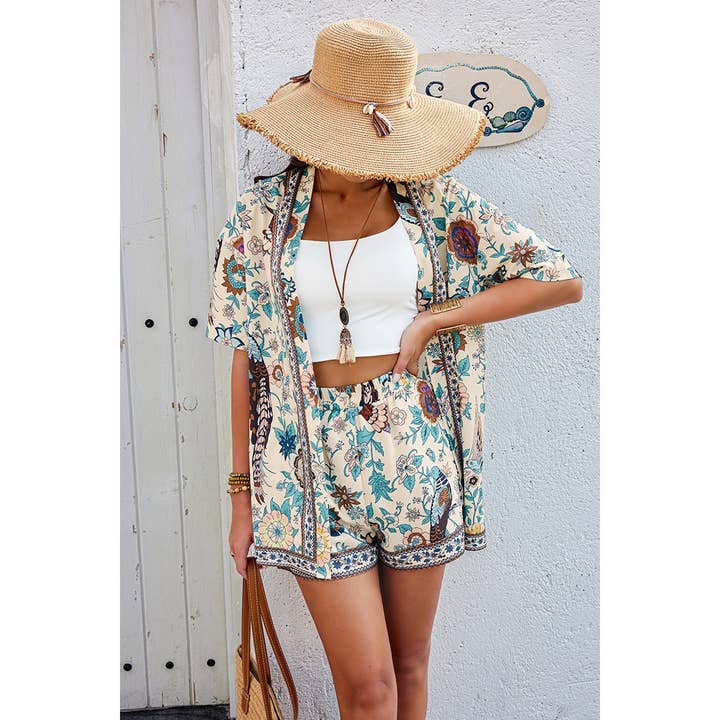 BEIGE GREEN Two Pieces Floral Print Boheme Pocket Elastic Sets for wholesale on Faire