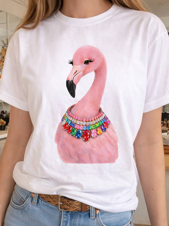 Jeweled Collar Flamingo on White Crew for wholesale by Bling-A-GoGo, LLC