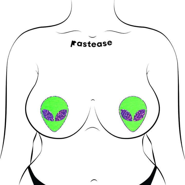 Pastease UK - Wholesale Nipple Pasties - Women's - Alien: Glow-In-The-Dark with Glittering Purple Eyes Nipple Pasties by Pastease®