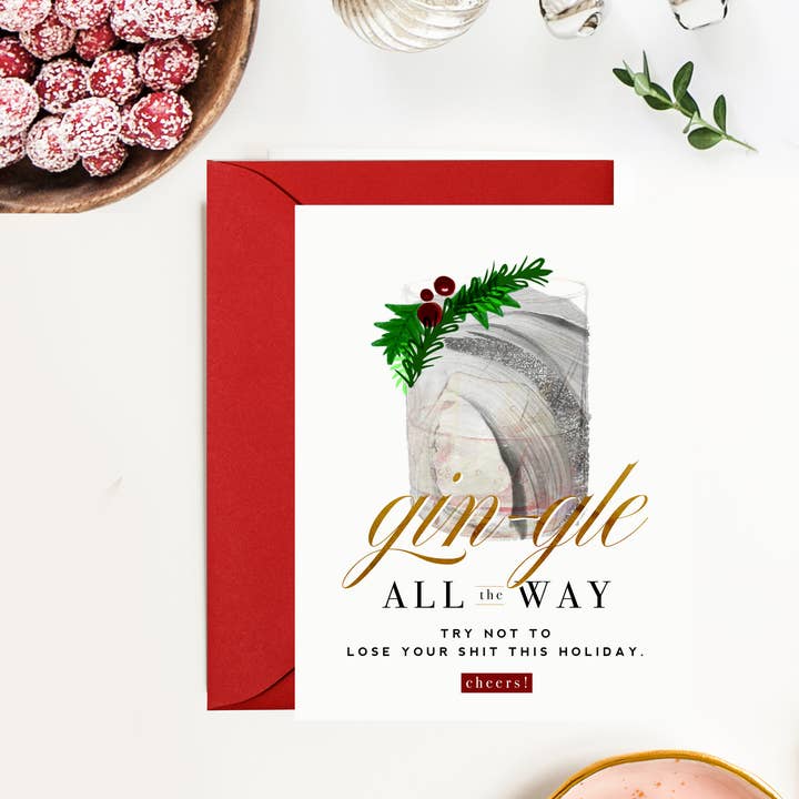 Kitty Meow Boutique - Wholesale Christmas Card - Gin-gle All the Way - Funny Holiday Greeting Card