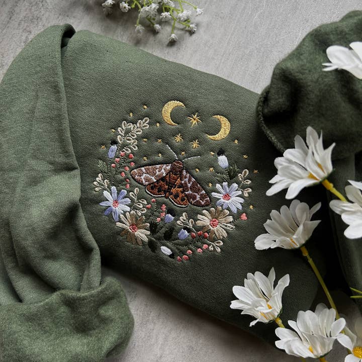 Plantiful Design Co - Wholesale Sweatshirt - Women's - Embroidered Cottagecore Butterfly Moth Nature Sweatshirt