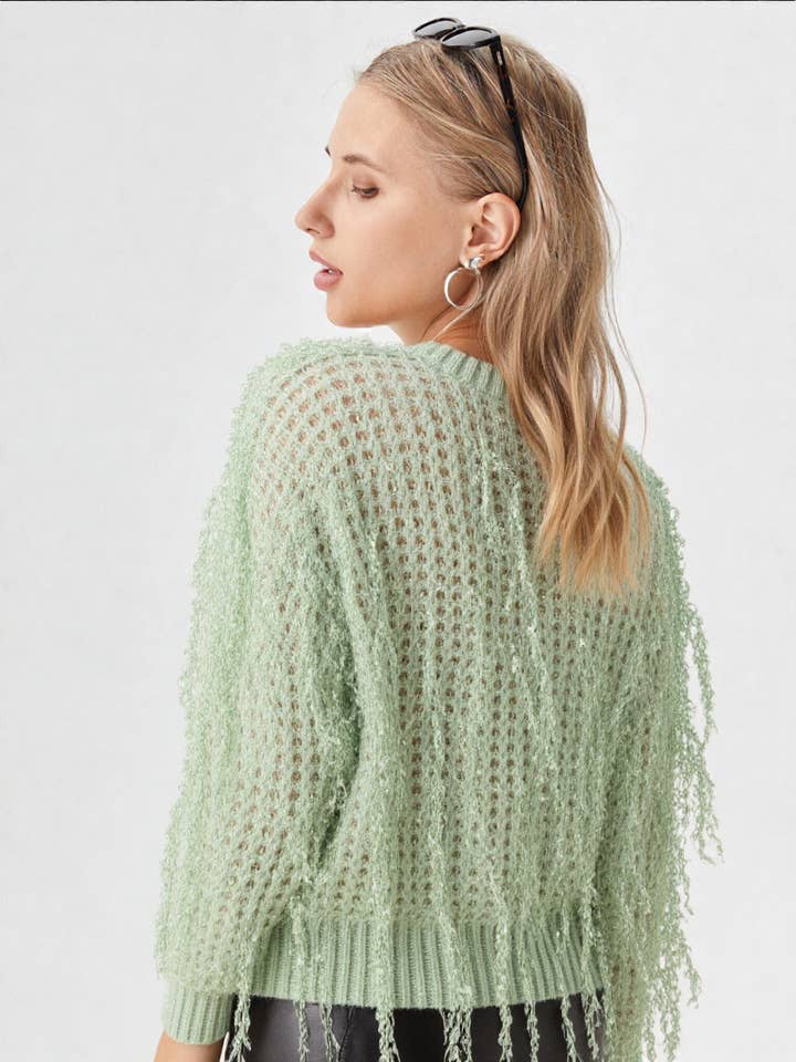 VERY J - Wholesale Knit Sweater - Women's - 12W2944N-Fringe Detail Holiday Party Knit Sweater Top