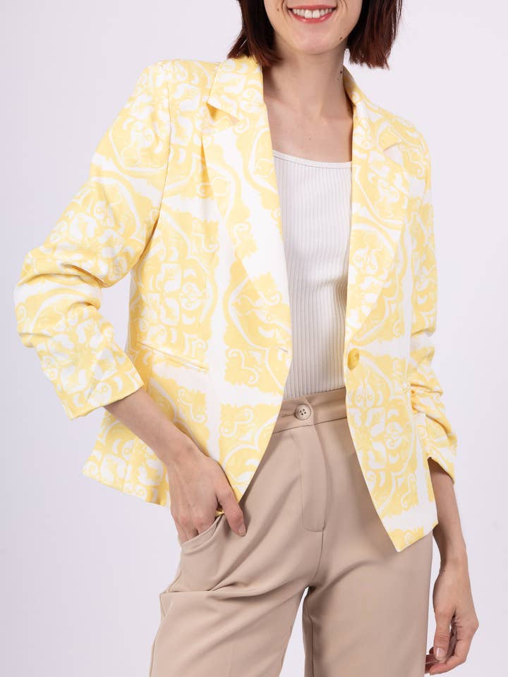 Yellow printed blazer A6077-25 for wholesale by Afinity