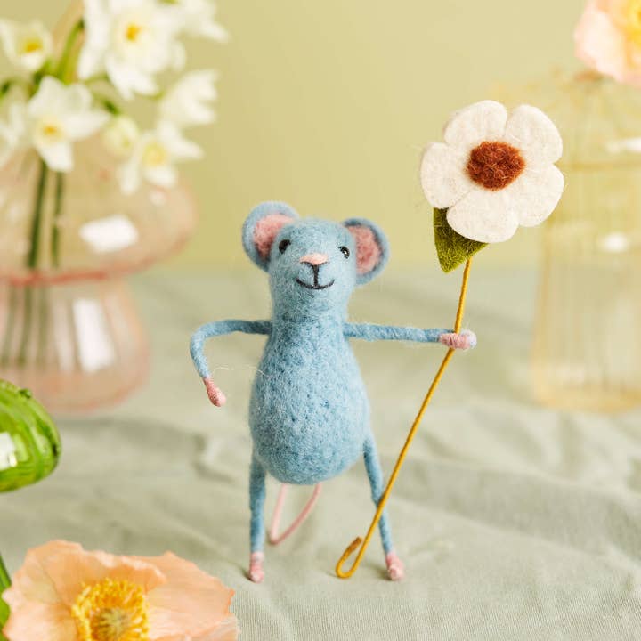 Sew Heart Felt - Wholesale Decorative Tabletop Object - Blue Mouse Holding a Flower