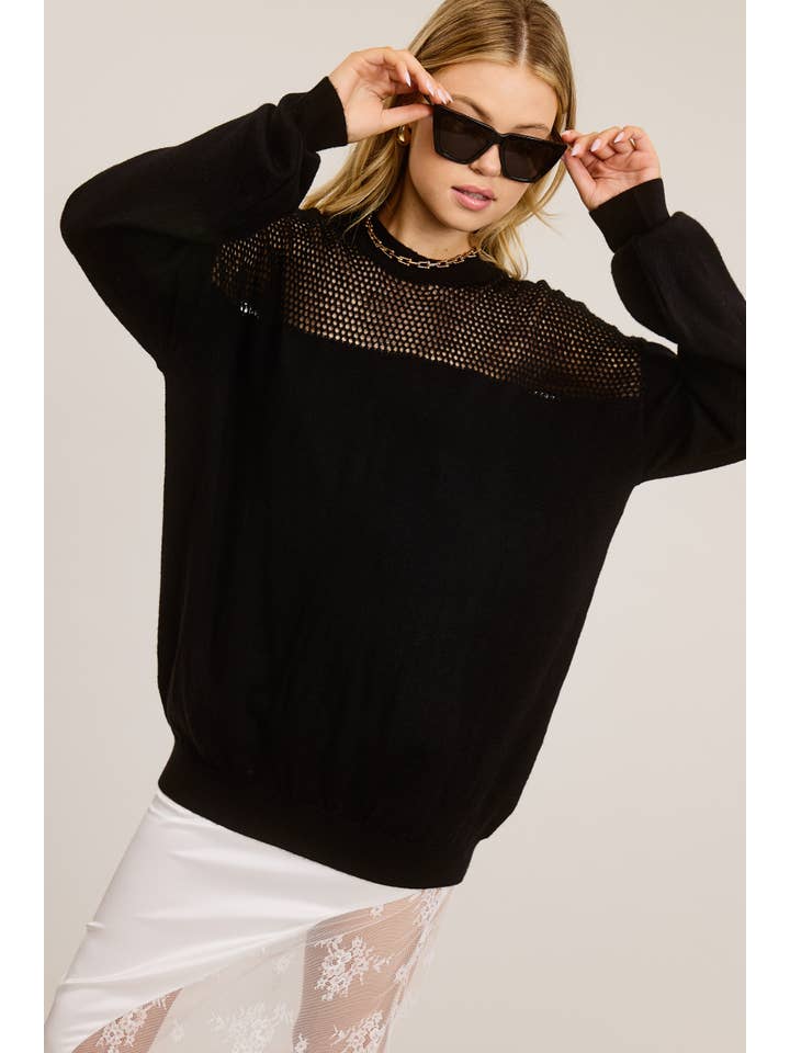 Mimosa - Wholesale Knit Sweater - Women's - Crochet Mesh Long Sleeve Knit Sweater4