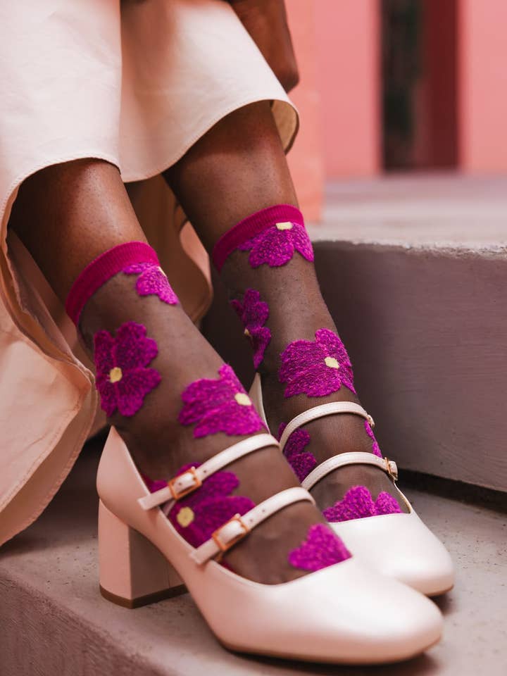 Murano Fuchsia • Calze trasparenti con fiori donna per la vendita all'ingrosso da parte di Atelier St Eustache