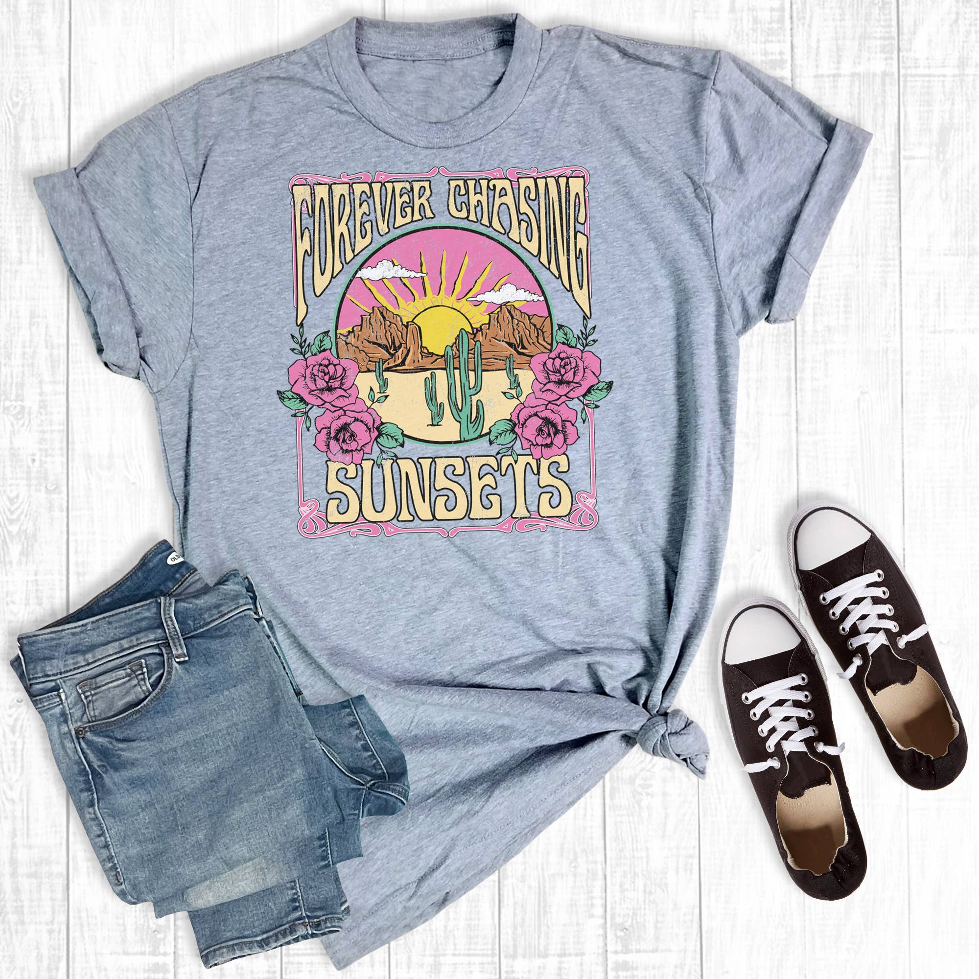 Gray Retro Western Forever Chasing Sunsets Graphic Tee for wholesale on Faire