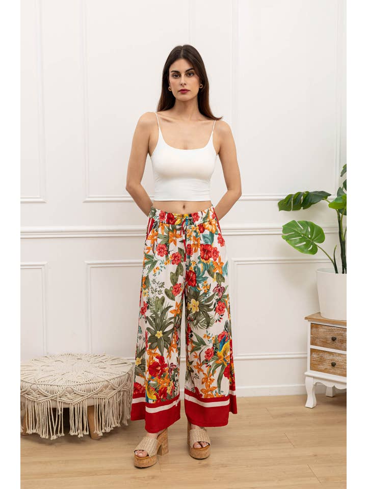 Happy look - Vente Pantalon – femme - Pantalon Large en Viscose Imprimée avec Taille Élastique