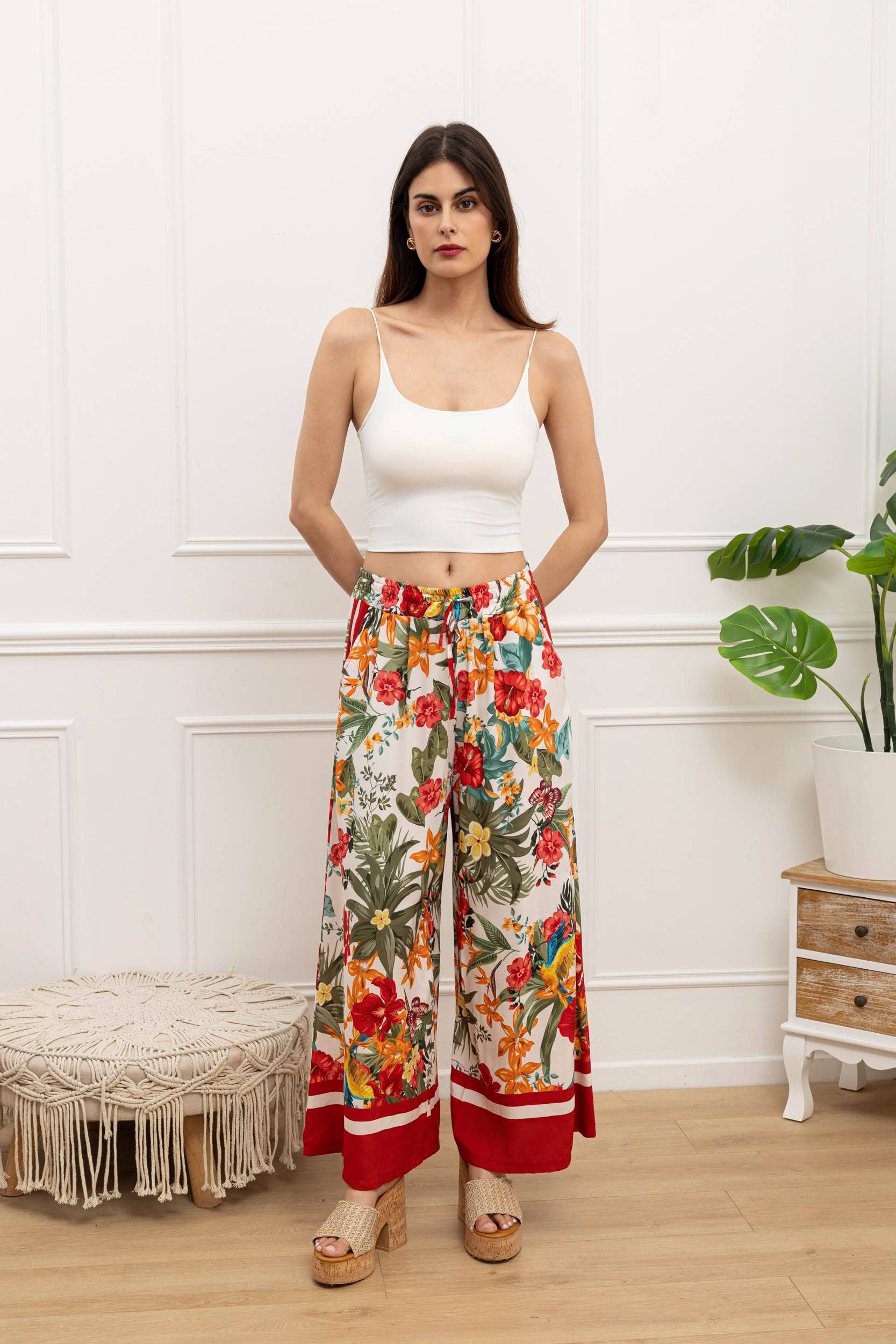 Happy look - Vente Pantalon – femme - Pantalon Large en Viscose Imprimée avec Taille Élastique