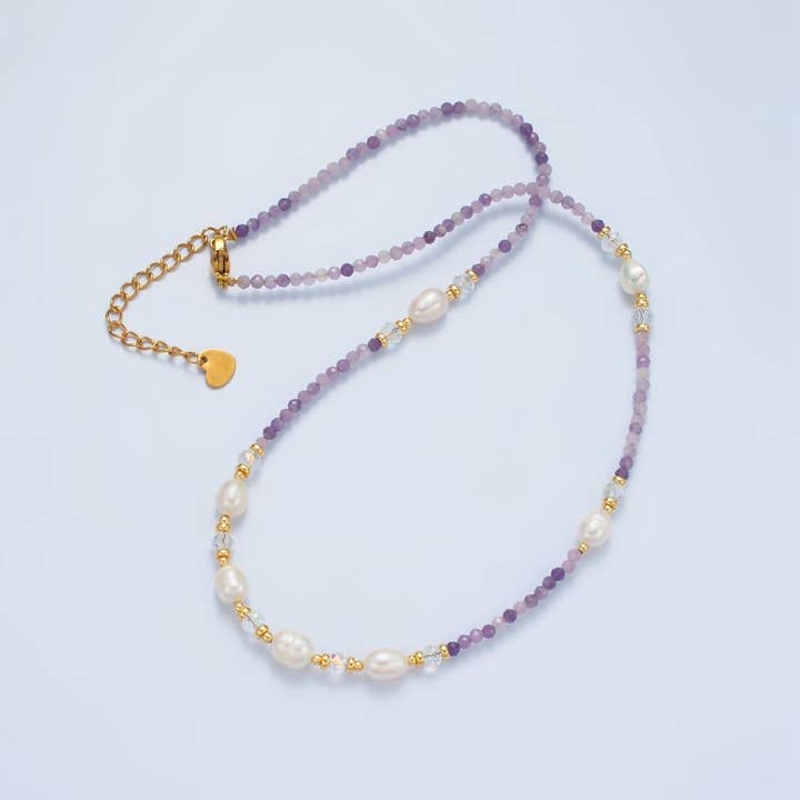 Aim Eternal – Engroshandel Perlehalskæde – Håndlavet kædehalskæde med lilla ametystperler og ferskvandsperle 40 cm med forlængelse | WA2574