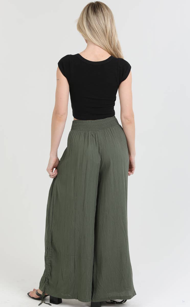 ANGIE - Wholesale Pants - Women's - B3710-ASIS SIDE CINCH WIDE LEG PANTS WITH SMOCKED WAIST AND 9