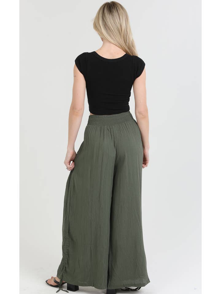 ANGIE - Wholesale Pants - Women's - B3710-ASIS SIDE CINCH WIDE LEG PANTS WITH SMOCKED WAIST AND 9