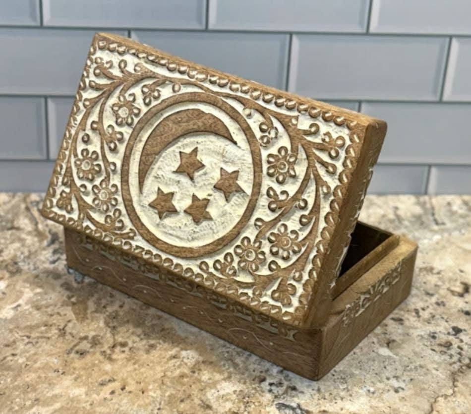 Lungta Imports - Wholesale Decorative Box - Celestial Moon and Stars Hand Carved Wooden Box Storage6