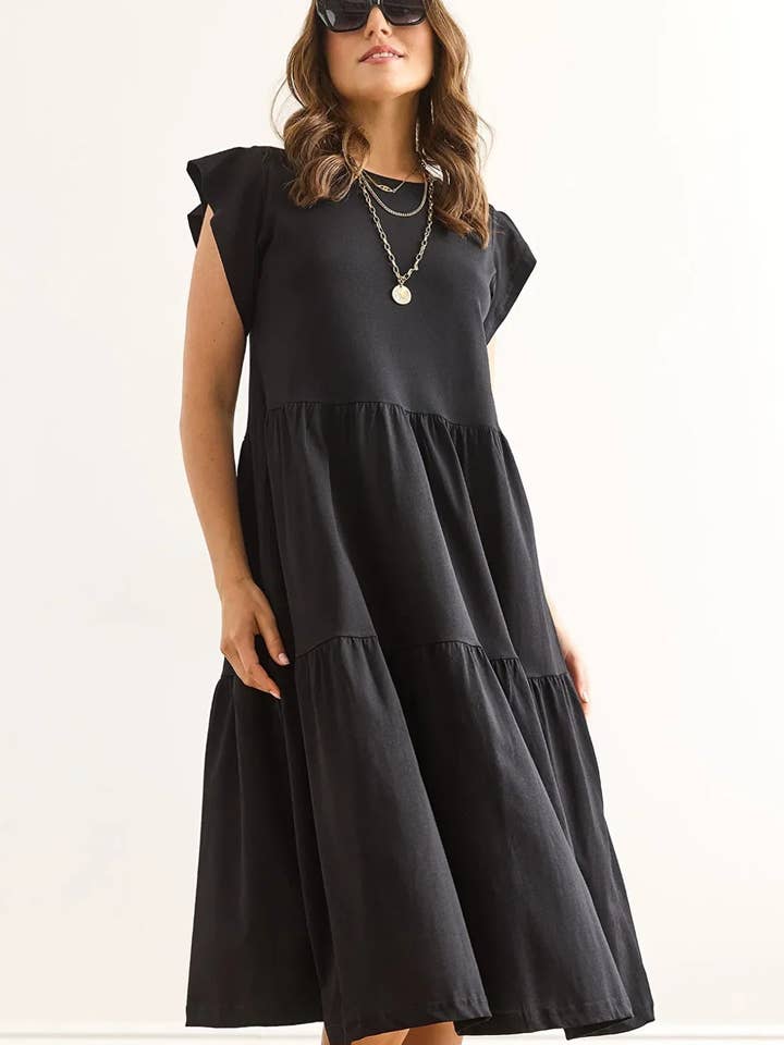 Robe midi en coton avec panneaux de manches à volants pour la vente par Hoxton Gal