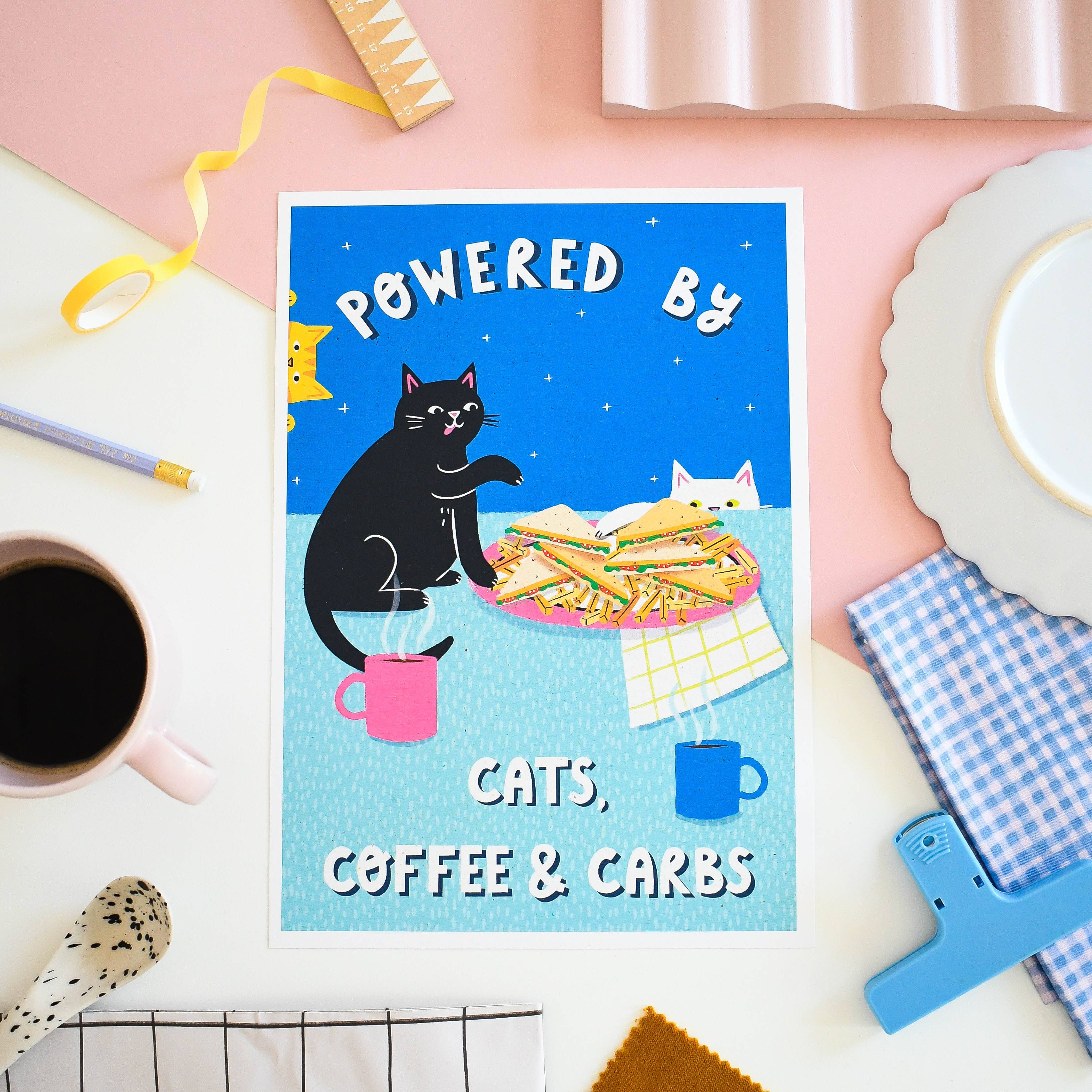 Nat Ellis Illustration – wholesale Art print – Powered By Coffee, Carbs & Cats  – A4 Heavyweight Art Print3