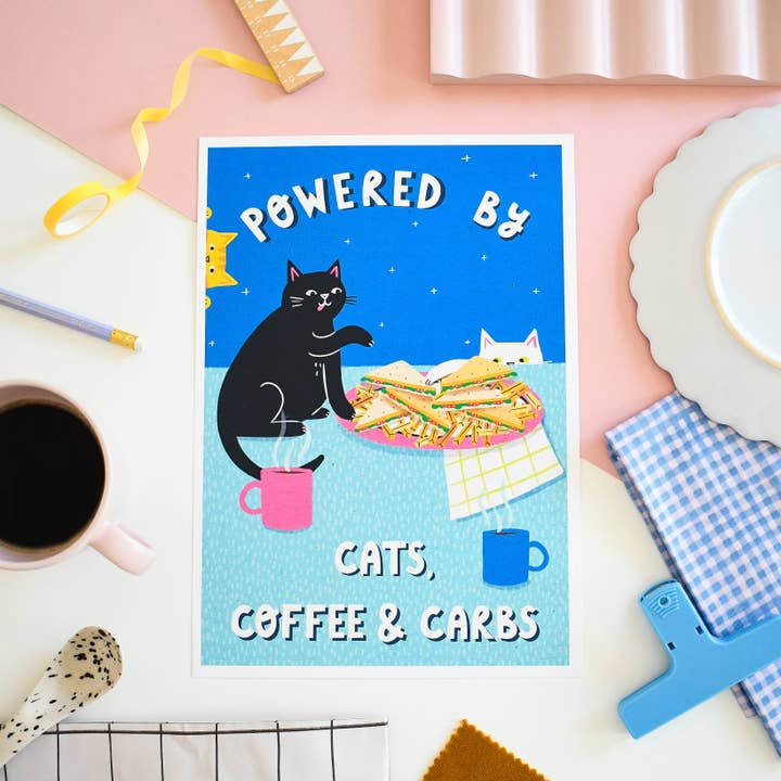 Nat Ellis Illustration – wholesale Art print – Powered By Coffee, Carbs & Cats – A4 Heavyweight Art Print3