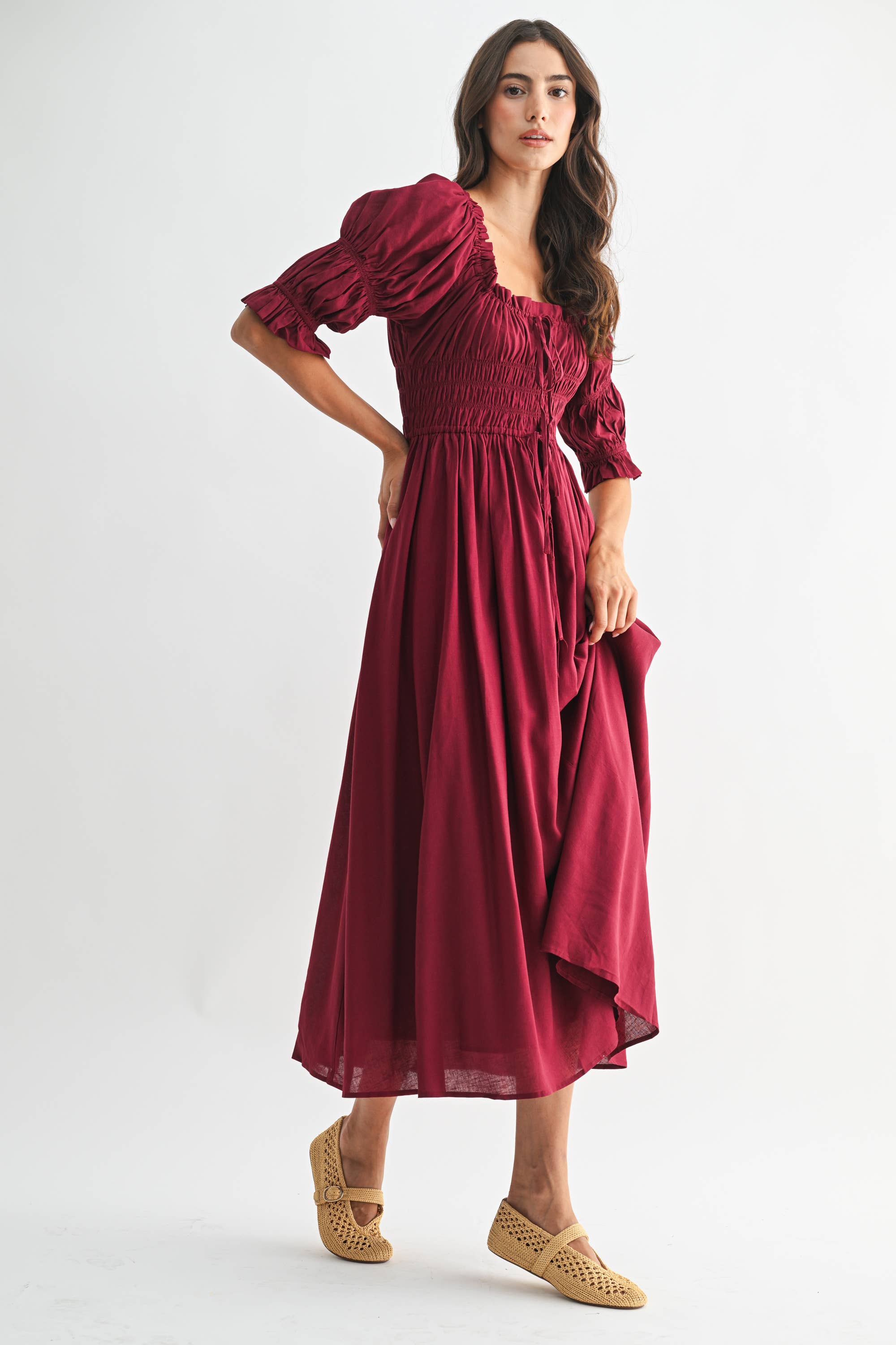 Camellia - Vente Robe – femme - ROBE MIDI ÉPAULES DÉNUDÉES SMOCKÉE AVEC JUPE PLISSÉE20