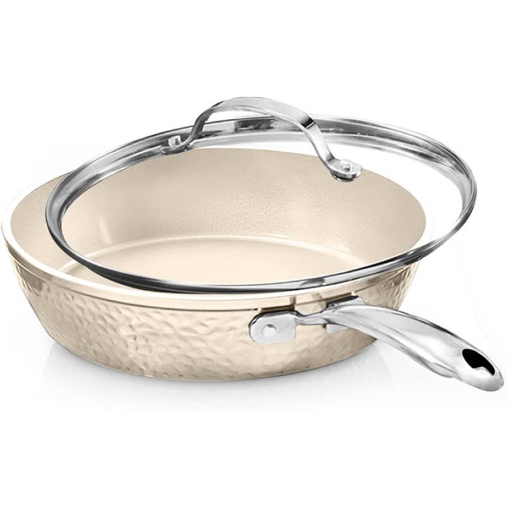 Gotham Steel/Granitestone – Großhandel Pfanne – Gotham Steel Hammered Cream Bratpfanne, rund, 25,4 cm (mit Deckel)