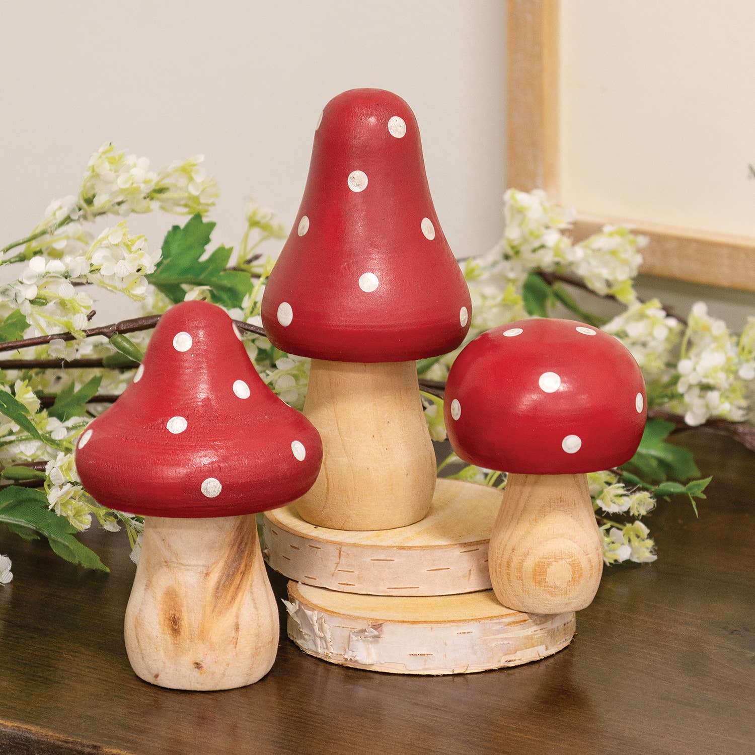 Col House Designs - Wholesale Decorative Tabletop Object - 3/Set - Red & White Dotted Wooden Mushrooms1