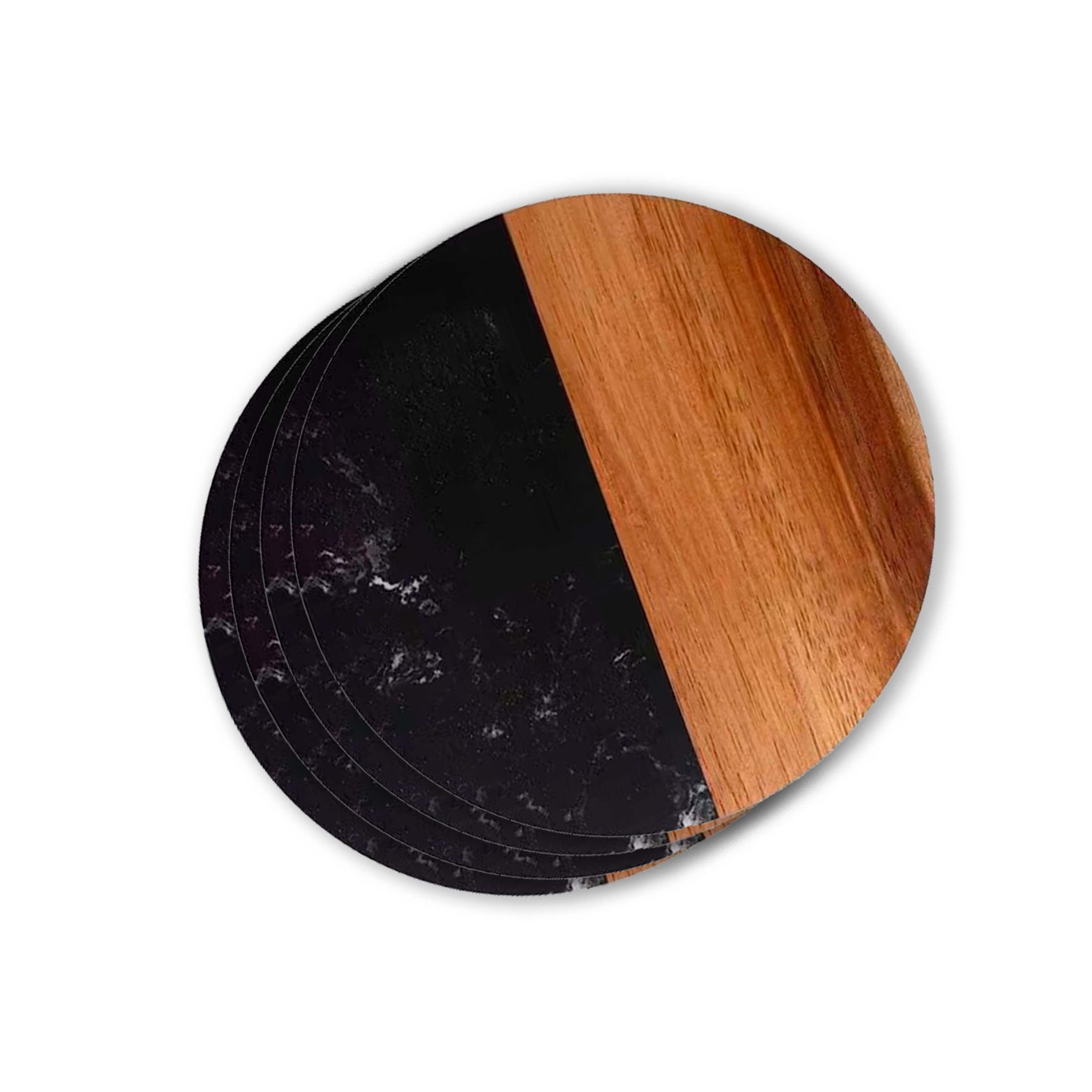 Creative Gifts International Inc. - Wholesale Coasters - Set Of 4 Black Marble and Acacia Wood 4" Round Coasters1