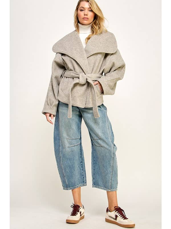 Beige Melange WINTER BIG COLLAR BELTED FLEECE JACKET for wholesale on Faire