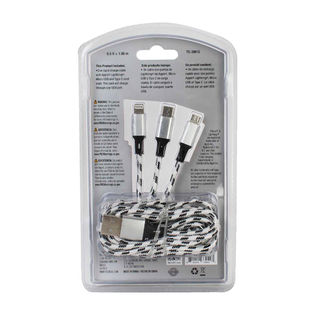 iTech361 - Vendita all'ingrosso Cavo di ricarica - CAVO DI RICARICA TUTTO IN UNO, 6,5FT COLORI ASSTD3