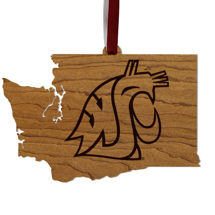 Washington State University Cougar on State Ornament – Crafted from Cherry and Maple Wood – Washington State Cougars for wholesale by LazerEdge