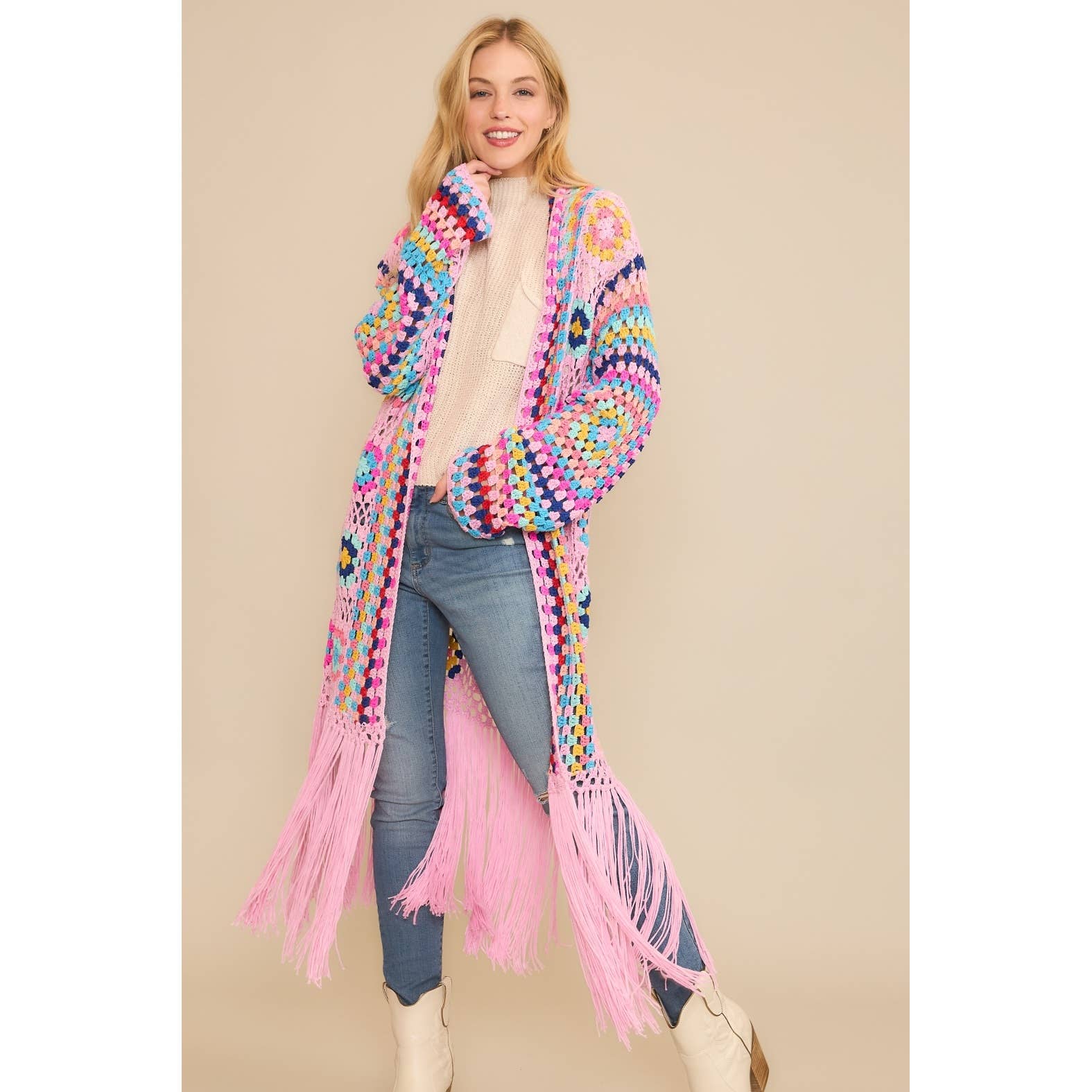 Sweet Generis - Wholesale Cardigan - Women's - COLORFUL CROCHET FRINGE CARDIGAN DUSTER9
