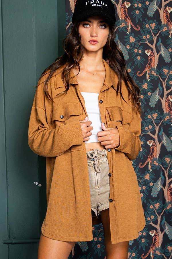 BUCKETLIST OUTLET - Wholesale Shirt Jacket/Shacket - Women's - T1320-4 OUTLET SALE Solid Rib Knit Oversized Shacket Shirt27