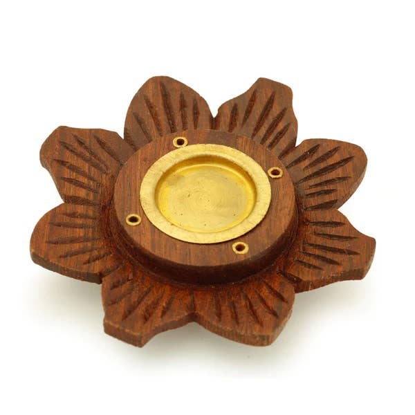 Prabhuji's Gifts - Wholesale Incense Holder - Incense Burner - Wooden Round Plate Lotus - 4 inches1