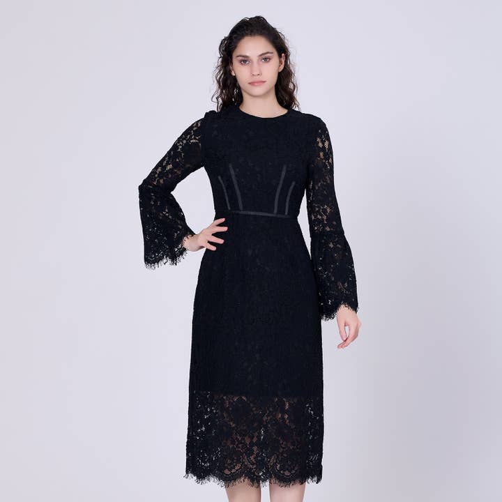 Vestido de renda ajustado com linhas bustiê e mangas tulipa por atacado de Smart and Joy