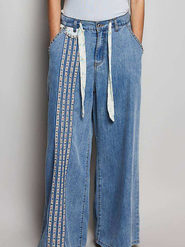 Waistband Double Gauze Lace Floral Trim Buckle Back Pants for wholesale by Pol Clothing