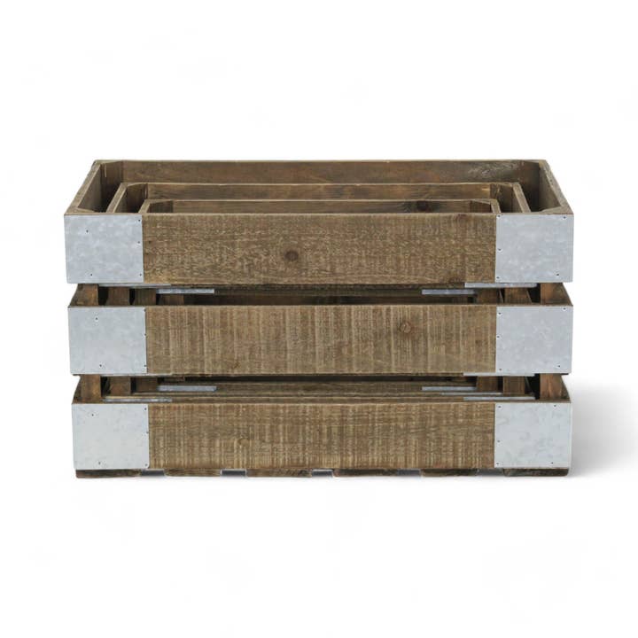 Cheungs Home Decor - Wholesale Storage Bin - Set of 4 Slatted Wood Crates & Galvanized Corner Accent9