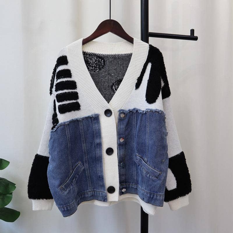 Productseeker - Wholesale Knit Top - Women's - JK104 Patchwork Denim Knitted Cardigan Sweater Jacket1