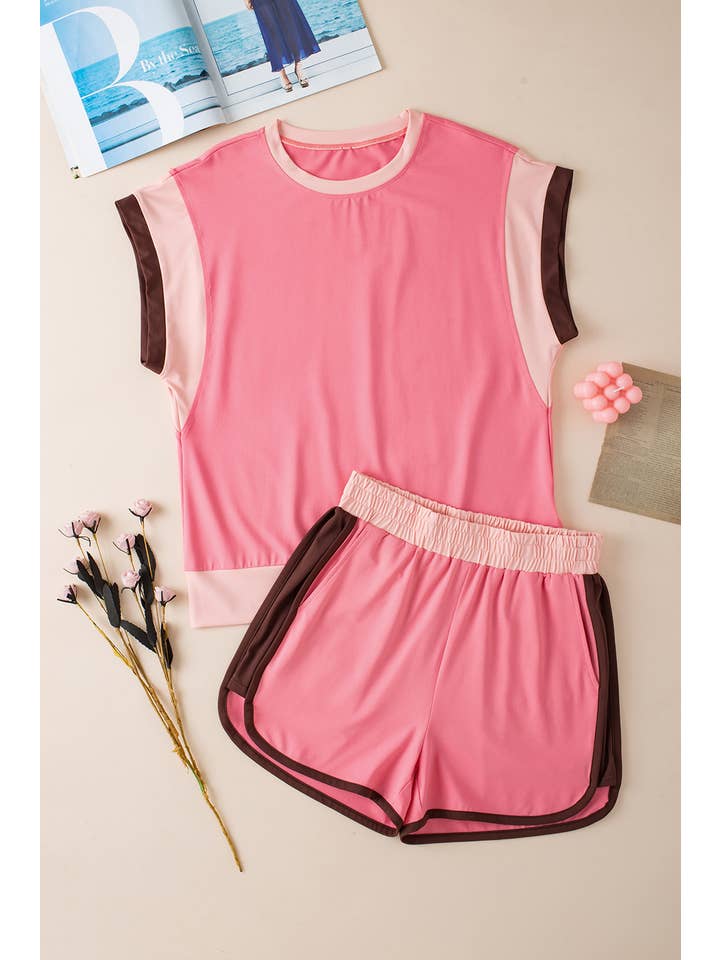LiveFashionWay - Wholesale Lounge Set - Women's - Contrast Trim Cap Sleeve Tee Shorts Set