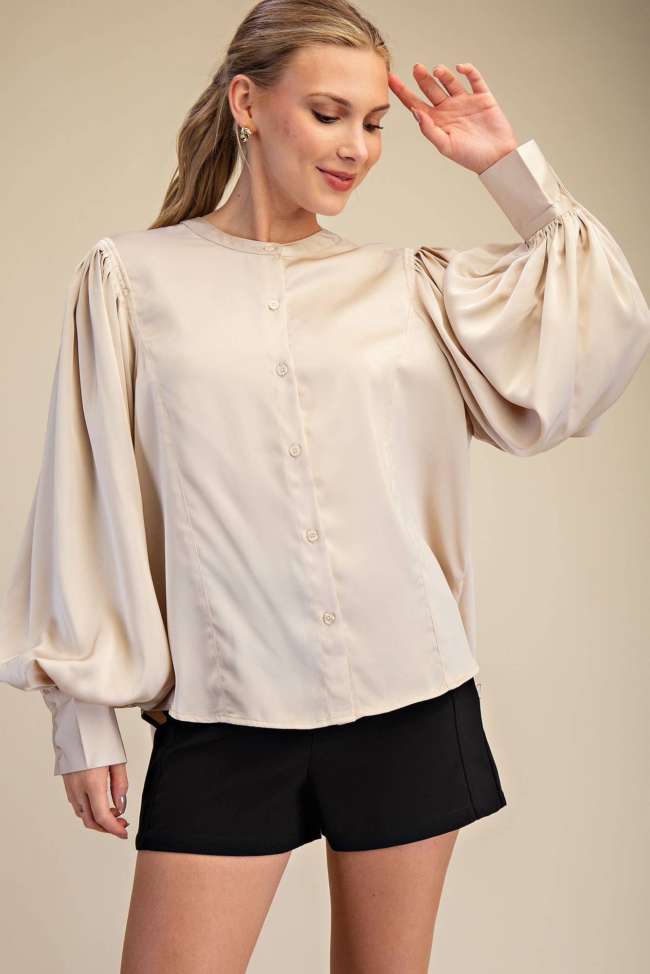 Glam - Wholesale Blouse - Women's - Round Neck Button Down Puff Long Sleeve Satin Top21