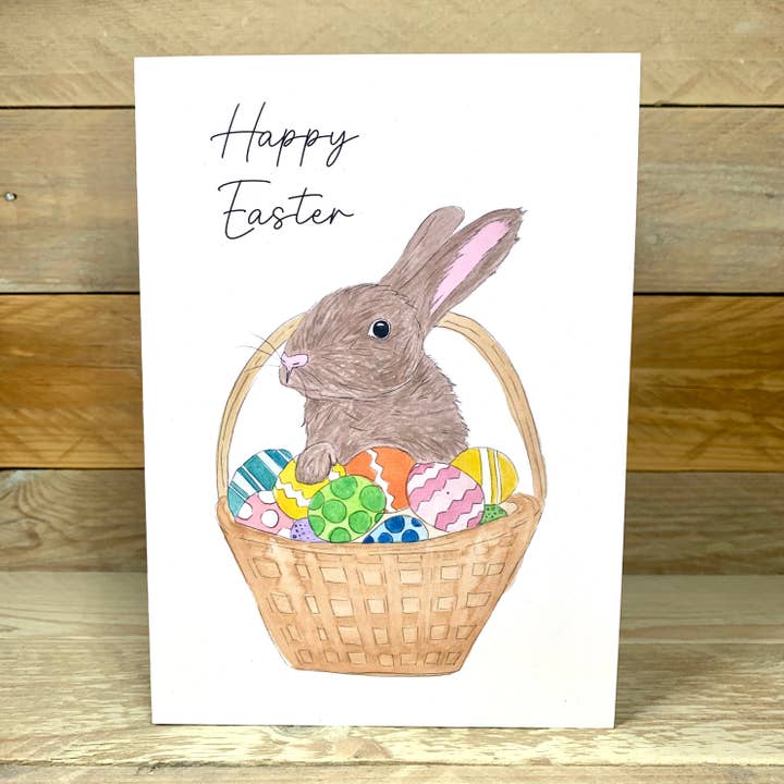 Paaskaart met konijn en paasmand voor wholesale door Arty Bee Designs