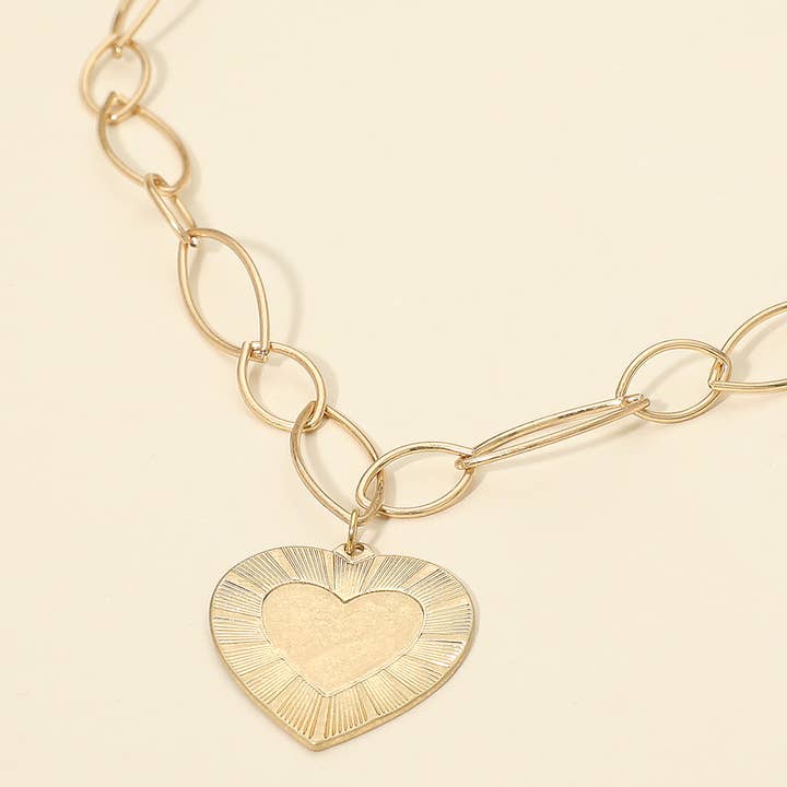 Bold Textured Heart Pendant Oval Link Chain Necklace for wholesale by Sensibling Corp.