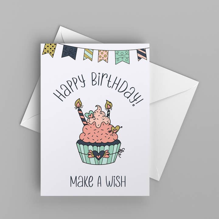 Biglietto torta di compleanno | Biglietto di buon compleanno | Make a Wish | Biglietto di auguri A6 per la vendita all'ingrosso da parte di The Cherry Paper Co