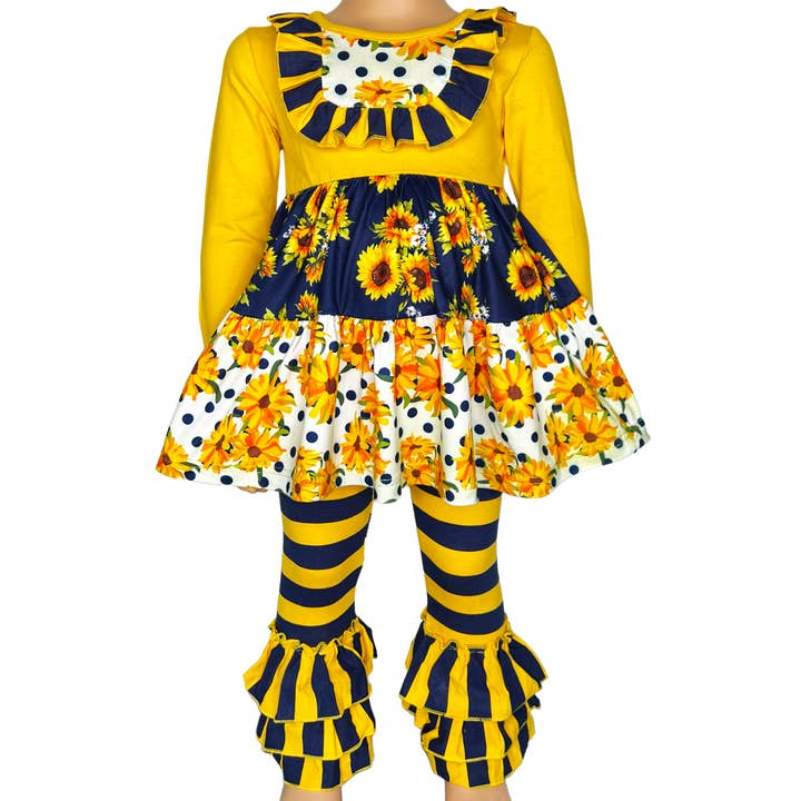 Chemise marguerite dorée et bleu marine pour filles et pantalons à volants pour la vente par AnnLoren