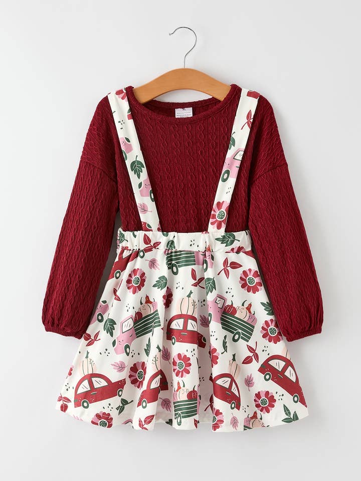 Efterår Thanksgiving Vinrød Kabelstriktrøje + Overall Nederdel Pigesæt for engroshandel hos Rylee Faith Designs