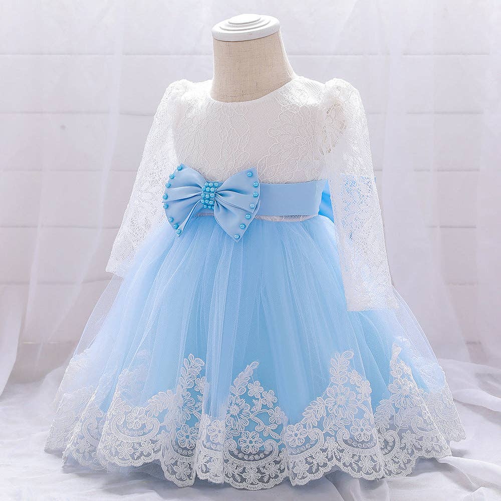 MyKids-USA® - Wholesale Dress - Baby - Baby Girl Bow Patched Design Long Sleeves Full Moon Christening Mesh Formal Dress11