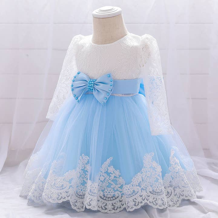 MyKids-USA® - Wholesale Dress - Baby - Baby Girl Bow Patched Design Long Sleeves Full Moon Christening Mesh Formal Dress11