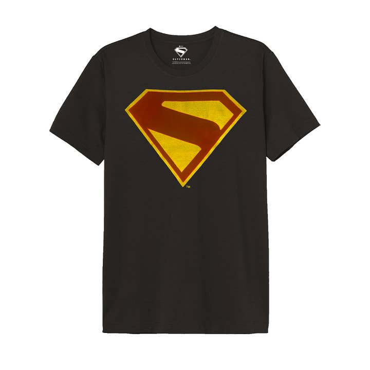 Black Official Superman T-shirt – Red & Yellow Flock Logo for wholesale on Faire