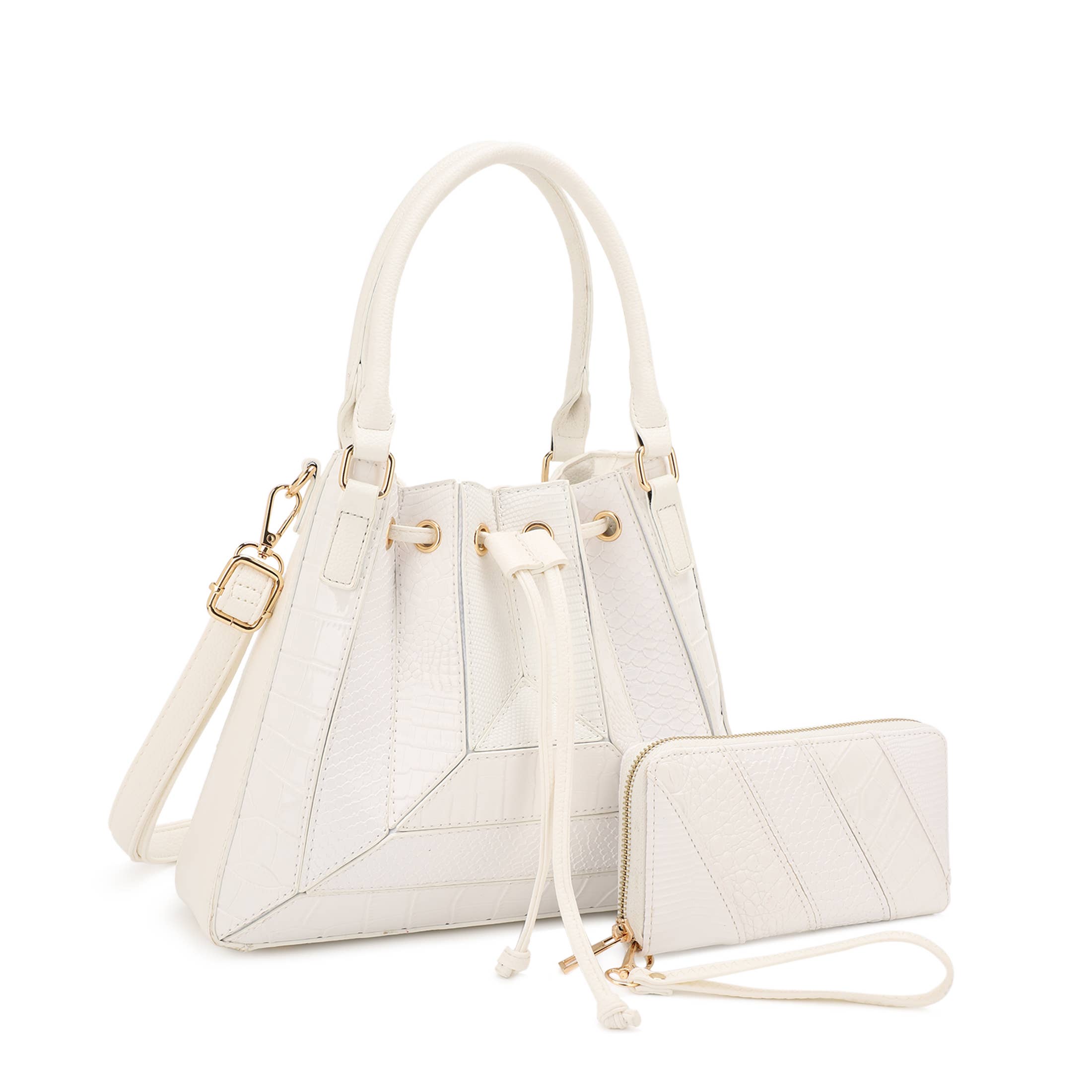 Black ROWENA PATCHWORK BUCKET BAG SET WITH WALLET for wholesale on Faire9