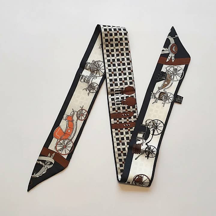 Sensibling Corp. - Wholesale Scarf - Women's - Vintage Carriage Pattern Printed Twilly Skinny Scarf3