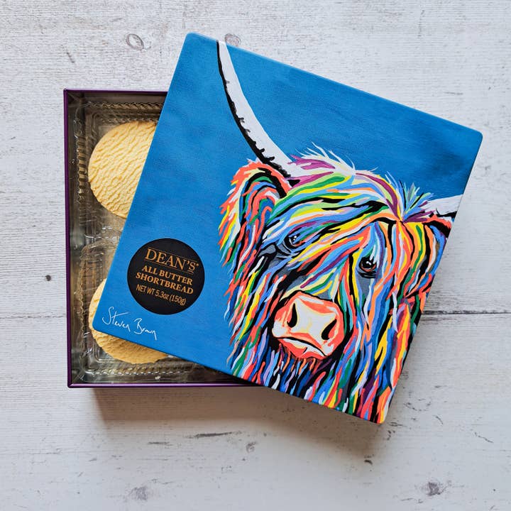 Dean's of Huntly Ltd - Vendita all'ingrosso Biscotti - Tondo di pasta frolla al burro Rainbow Rab McCoo in scatola da 150g