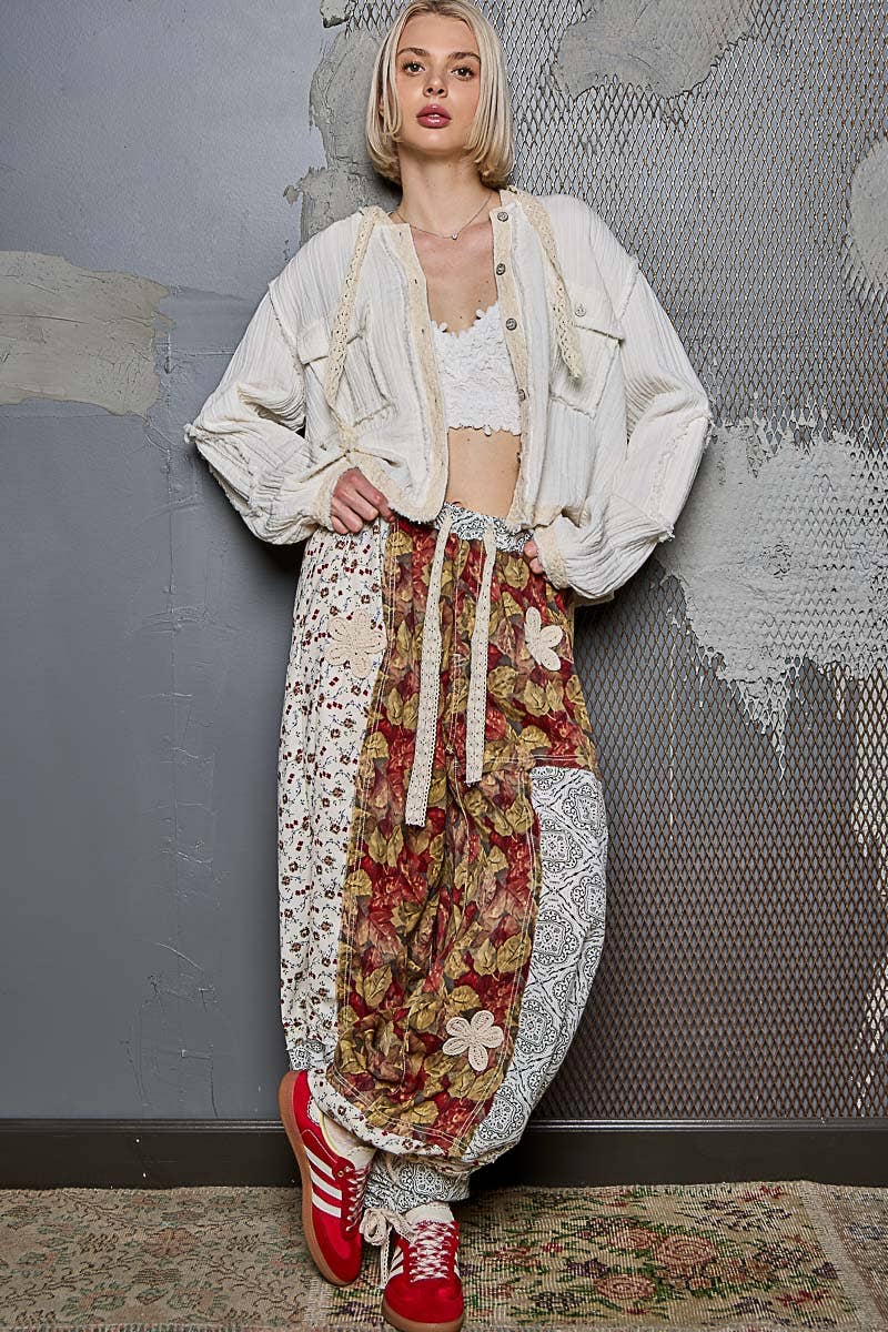 Pol Clothing - Wholesale Pants - Women's - Crochet patch detail contrast patchwork printed woven pants15