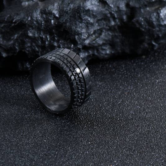 Handcrafted Jet Black Damascus Steel Gear-Inspired Ring – Unique Men’s Wedding Band with Rugged Industrial Design for wholesale by RustyStudioUSA